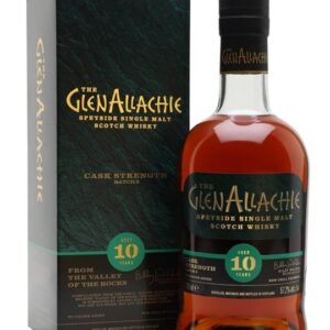 GlenAllachie 10 Year Cask Strength is a powerful Speyside single malt, non-chill filtered, uncut, and matured in sherry and oak casks for a bold flavor.