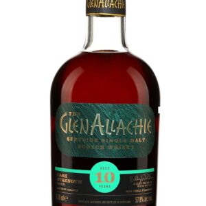 GlenAllachie 10 Year Cask Strength is a powerful Speyside single malt, non-chill filtered, uncut, and matured in sherry and oak casks for a bold flavor.