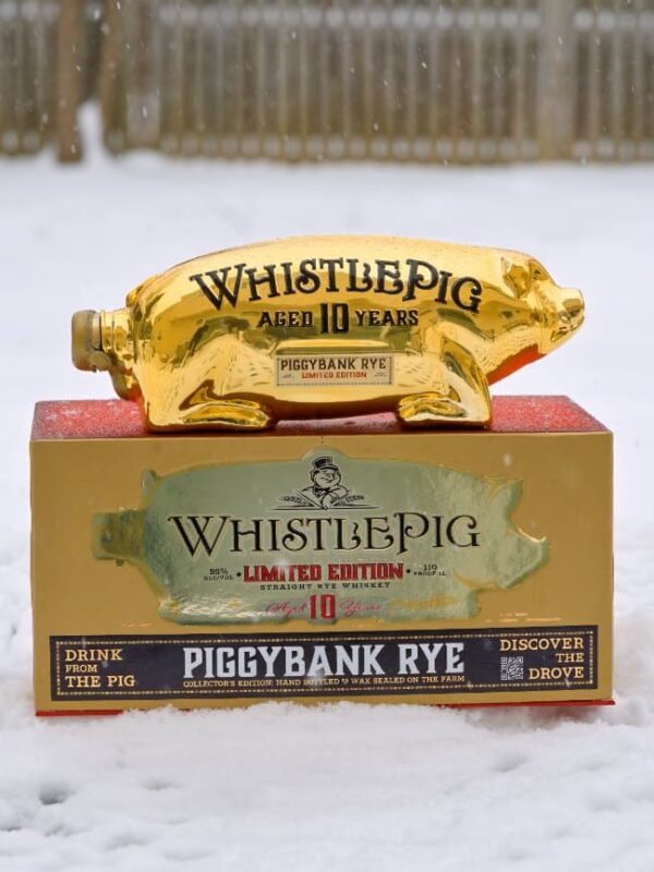 Experience the bold character of WhistlePig PiggyBank 10 Year—a 100% straight rye whiskey aged a full decade in new American oak barrels. This limited edition release offers deep spice, vanilla, and caramel notes in a playful pig-shaped bottle, perfect for collectors and rye enthusiasts.